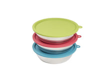 Load image into Gallery viewer, 6pc Set with Three Stainless Steel Bowls and Three Silicone Lids, Medium, 1.5 Cups Per Bowl, Watermelon, Green, and Blue Lids