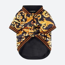 Load image into Gallery viewer, Black & Gold Brocade Dog Bomber Jacket by Spark Paws