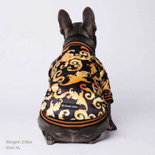 Load image into Gallery viewer, Black & Gold Brocade Dog Bomber Jacket by Spark Paws