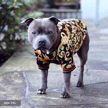 Load image into Gallery viewer, Black & Gold Brocade Dog Bomber Jacket by Spark Paws