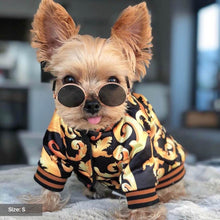 Load image into Gallery viewer, Black & Gold Brocade Dog Bomber Jacket by Spark Paws