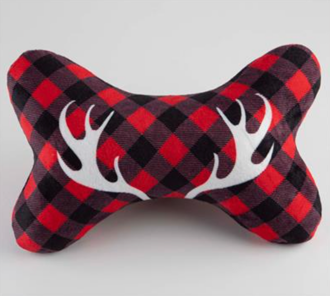 Buffalo Check with Antlers Plush Squeaker Bone Toy