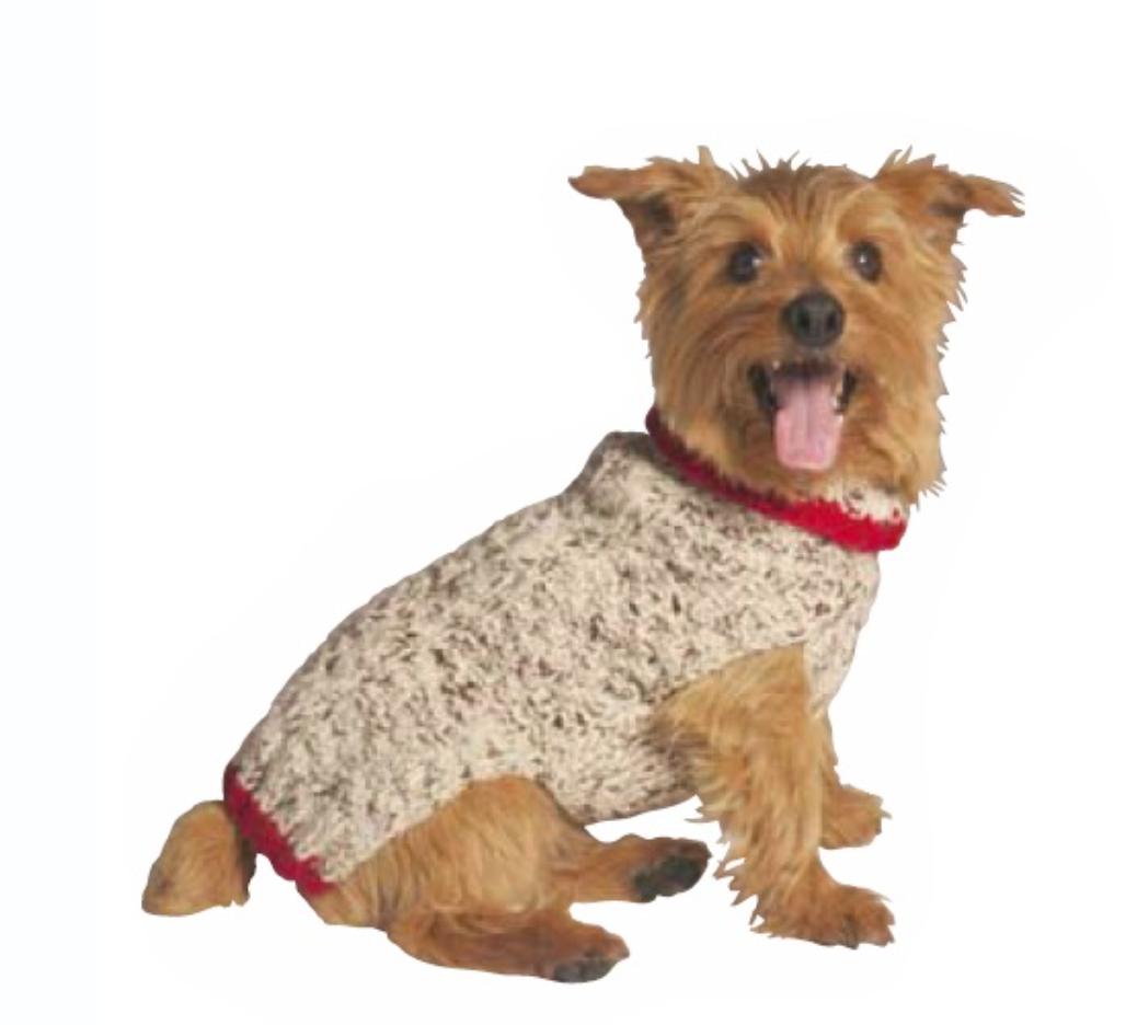 Chilly Dog Sweaters – Oatmeal Cable Knit with Red Trim