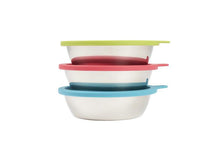 Load image into Gallery viewer, 6pc Set with Three Stainless Steel Bowls and Three Silicone Lids, Large, 3 Cups Per Bowl, Watermelon, Green, and Blue Lids
