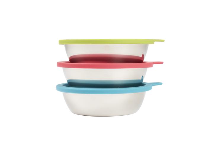 6pc Set with Three Stainless Steel Bowls and Three Silicone Lids, Large, 3 Cups Per Bowl, Watermelon, Green, and Blue Lids