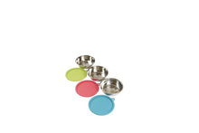 Load image into Gallery viewer, 6pc Set with Three Stainless Steel Bowls and Three Silicone Lids, Medium, 1.5 Cups Per Bowl, Watermelon, Green, and Blue Lids
