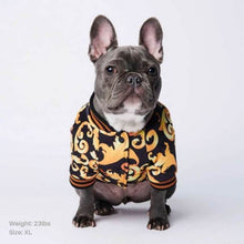 Load image into Gallery viewer, Black &amp; Gold Brocade Dog Bomber Jacket by Spark Paws
